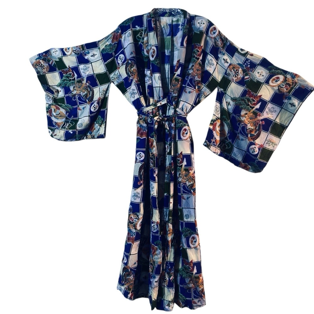 Vintage Style Japanese‎ Print Kimono Robe Blue Belted Boho Festival Lounge